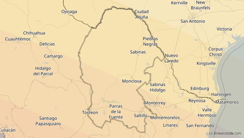 A map of Coahuila, Mexiko, showing the path of the 12. Jul 2056 Ringförmige Sonnenfinsternis