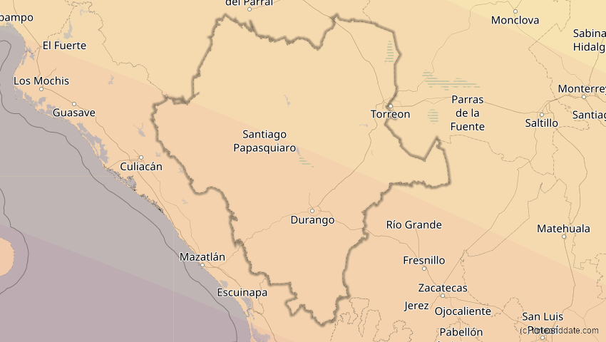 A map of Durango, Mexiko, showing the path of the 12. Jul 2056 Ringförmige Sonnenfinsternis