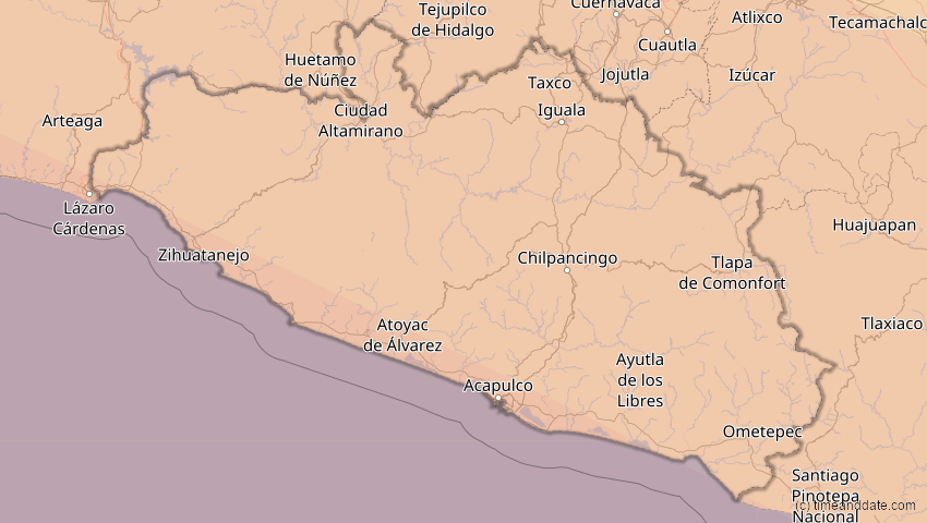 A map of Guerrero, Mexiko, showing the path of the 12. Jul 2056 Ringförmige Sonnenfinsternis