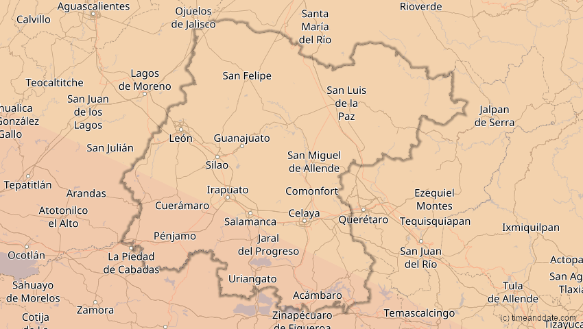 A map of Guanajuato, Mexiko, showing the path of the 12. Jul 2056 Ringförmige Sonnenfinsternis