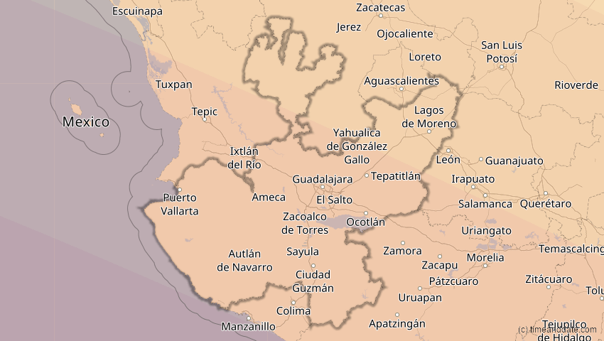 A map of Jalisco, Mexiko, showing the path of the 12. Jul 2056 Ringförmige Sonnenfinsternis