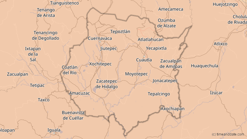 A map of Morelos, Mexiko, showing the path of the 12. Jul 2056 Ringförmige Sonnenfinsternis