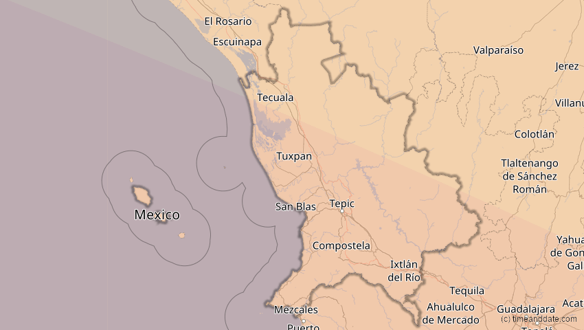 A map of Nayarit, Mexiko, showing the path of the 12. Jul 2056 Ringförmige Sonnenfinsternis