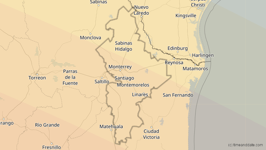 A map of Nuevo León, Mexiko, showing the path of the 12. Jul 2056 Ringförmige Sonnenfinsternis