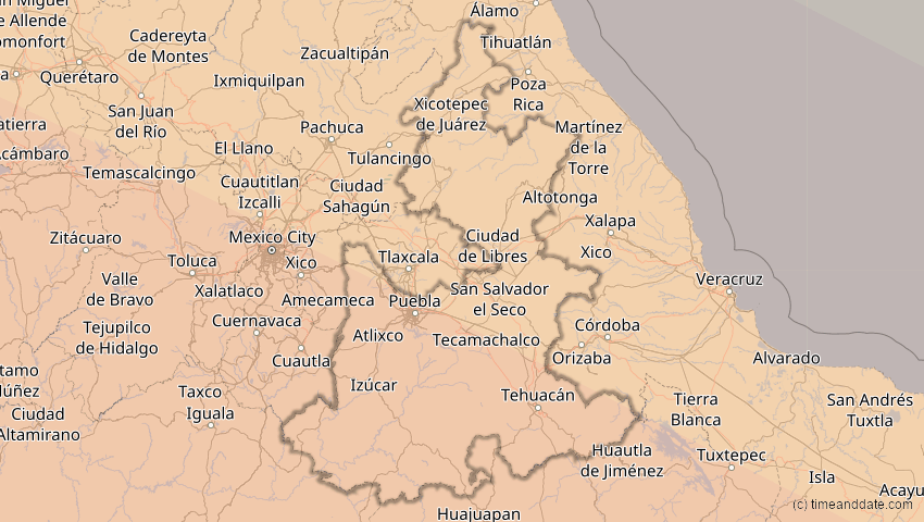 A map of Puebla, Mexiko, showing the path of the 12. Jul 2056 Ringförmige Sonnenfinsternis