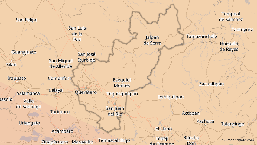 A map of Querétaro, Mexiko, showing the path of the 12. Jul 2056 Ringförmige Sonnenfinsternis