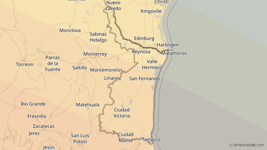A map of Tamaulipas, Mexiko, showing the path of the 12. Jul 2056 Ringförmige Sonnenfinsternis