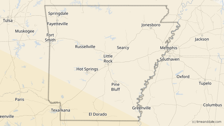 A map of Arkansas, USA, showing the path of the 12. Jul 2056 Ringförmige Sonnenfinsternis