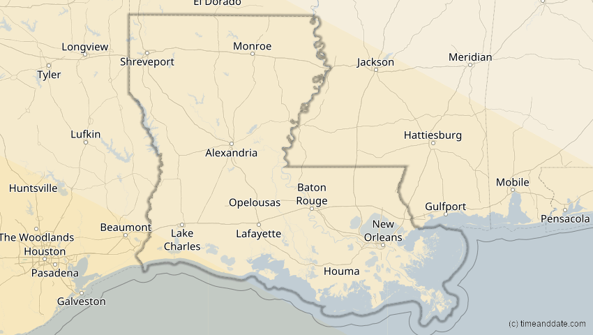 A map of Louisiana, USA, showing the path of the 12. Jul 2056 Ringförmige Sonnenfinsternis