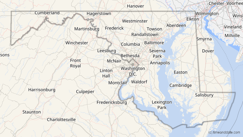 A map of Maryland, USA, showing the path of the 12. Jul 2056 Ringförmige Sonnenfinsternis