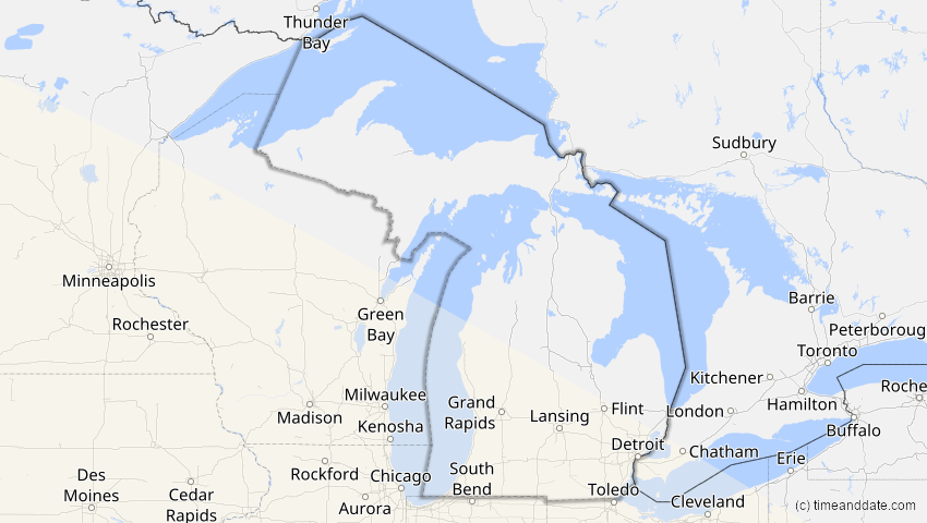 A map of Michigan, USA, showing the path of the 12. Jul 2056 Ringförmige Sonnenfinsternis