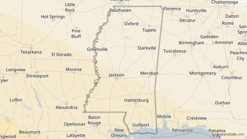 A map of Mississippi, USA, showing the path of the 12. Jul 2056 Ringförmige Sonnenfinsternis