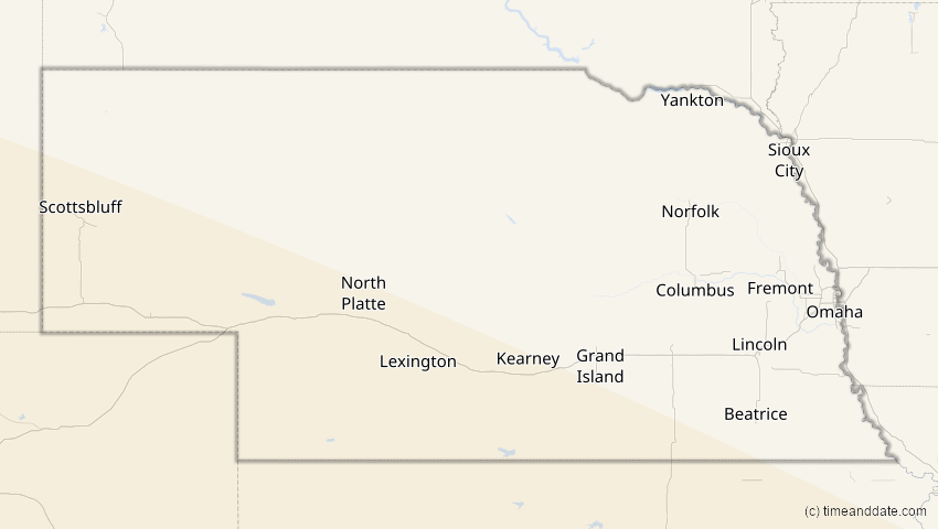A map of Nebraska, USA, showing the path of the 12. Jul 2056 Ringförmige Sonnenfinsternis