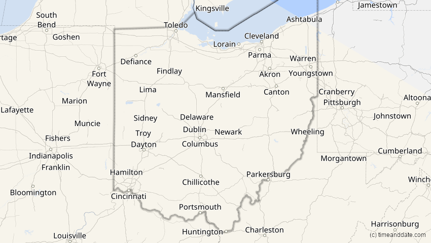 A map of Ohio, USA, showing the path of the 12. Jul 2056 Ringförmige Sonnenfinsternis