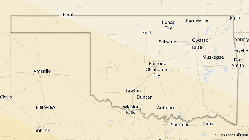 A map of Oklahoma, USA, showing the path of the 12. Jul 2056 Ringförmige Sonnenfinsternis