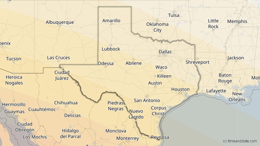 A map of Texas, USA, showing the path of the 12. Jul 2056 Ringförmige Sonnenfinsternis