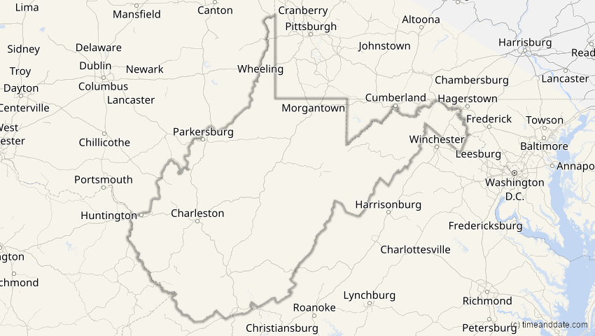 A map of West Virginia, USA, showing the path of the 12. Jul 2056 Ringförmige Sonnenfinsternis