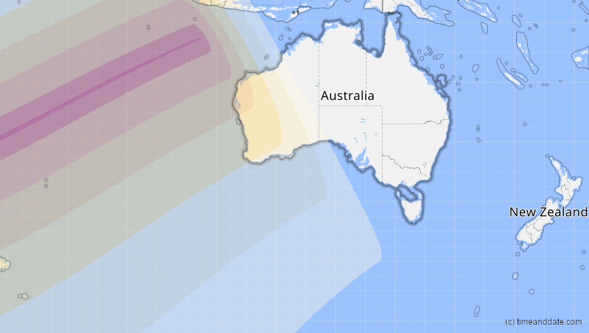 A map of Australien, showing the path of the 5. Jan 2057 Totale Sonnenfinsternis