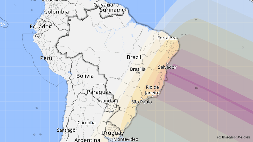 A map of Brasilien, showing the path of the 5. Jan 2057 Totale Sonnenfinsternis