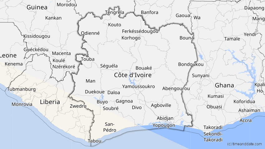 A map of Elfenbeinküste (Côte d'Ivoire), showing the path of the 5. Jan 2057 Totale Sonnenfinsternis