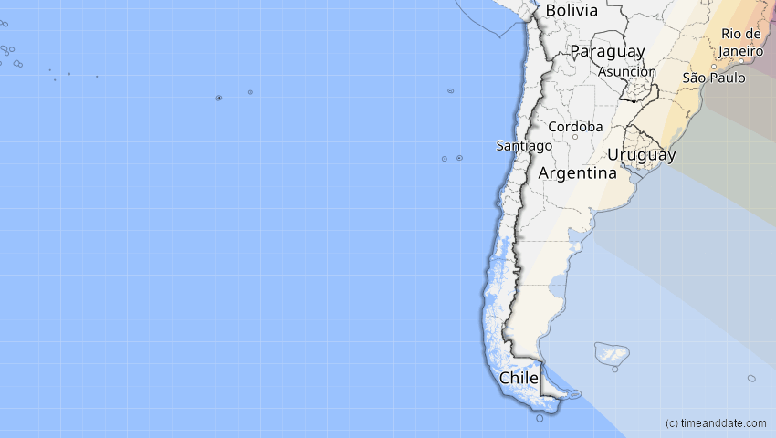 A map of Chile, showing the path of the 5. Jan 2057 Totale Sonnenfinsternis