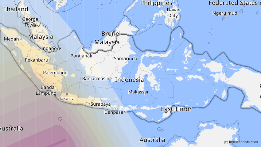 A map of Indonesien, showing the path of the 5. Jan 2057 Totale Sonnenfinsternis