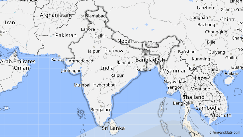 A map of Indien, showing the path of the 5. Jan 2057 Totale Sonnenfinsternis
