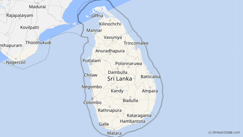 A map of Sri Lanka, showing the path of the 5. Jan 2057 Totale Sonnenfinsternis