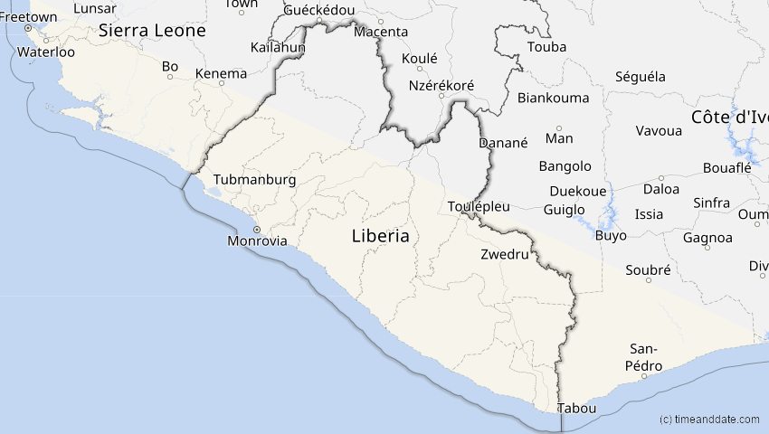 A map of Liberia, showing the path of the 5. Jan 2057 Totale Sonnenfinsternis