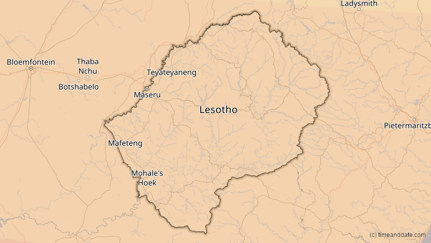 A map of Lesotho, showing the path of the 5. Jan 2057 Totale Sonnenfinsternis