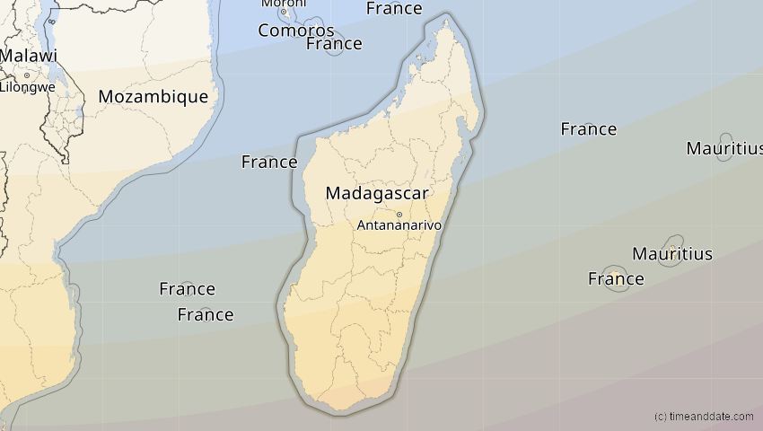 A map of Madagaskar, showing the path of the 5. Jan 2057 Totale Sonnenfinsternis