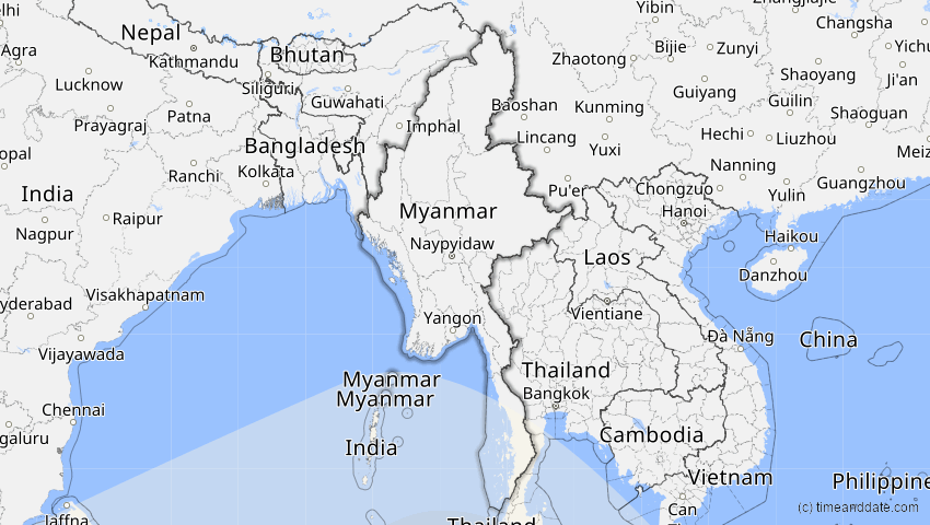 A map of Myanmar, showing the path of the 5. Jan 2057 Totale Sonnenfinsternis