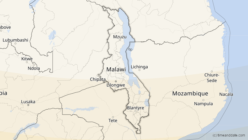 A map of Malawi, showing the path of the 5. Jan 2057 Totale Sonnenfinsternis