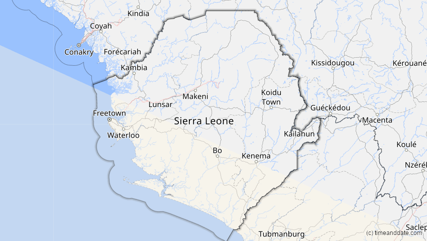 A map of Sierra Leone, showing the path of the 5. Jan 2057 Totale Sonnenfinsternis