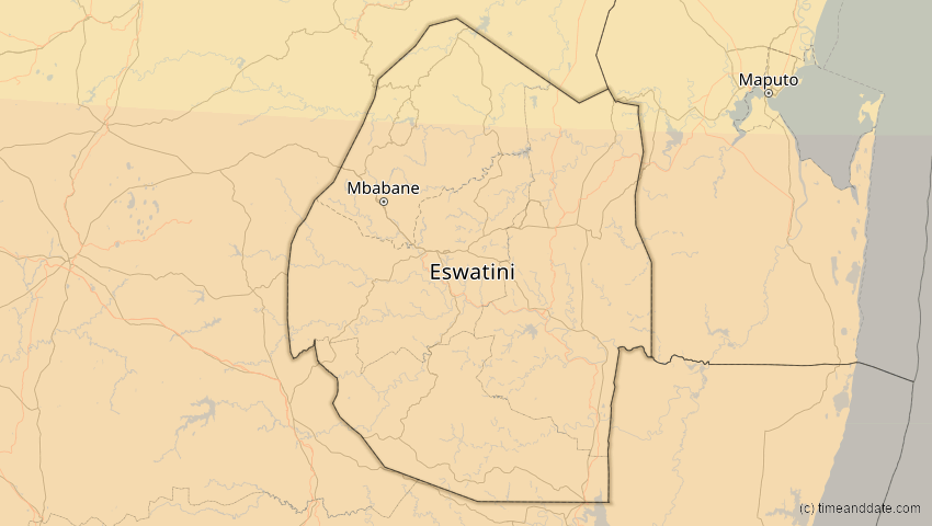 A map of Eswatini, showing the path of the 5. Jan 2057 Totale Sonnenfinsternis