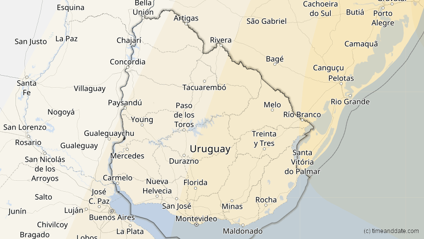 A map of Uruguay, showing the path of the 5. Jan 2057 Totale Sonnenfinsternis