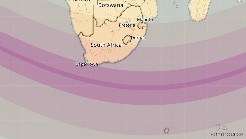 A map of Südafrika, showing the path of the 5. Jan 2057 Totale Sonnenfinsternis
