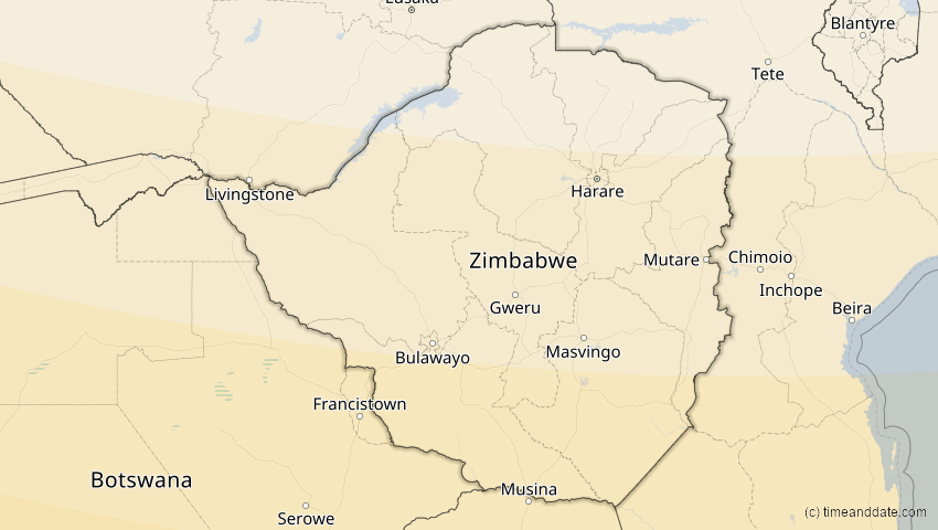 A map of Simbabwe, showing the path of the 5. Jan 2057 Totale Sonnenfinsternis
