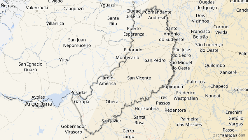 A map of Misiones, Argentinien, showing the path of the 5. Jan 2057 Totale Sonnenfinsternis