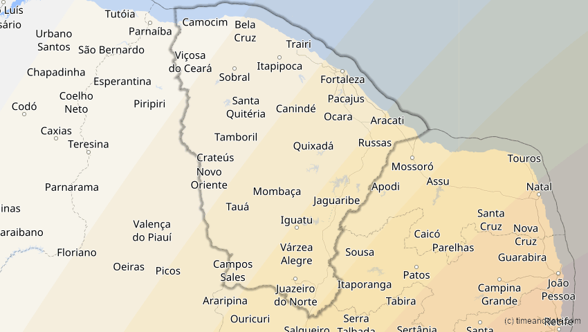 A map of Ceará, Brasilien, showing the path of the 5. Jan 2057 Totale Sonnenfinsternis