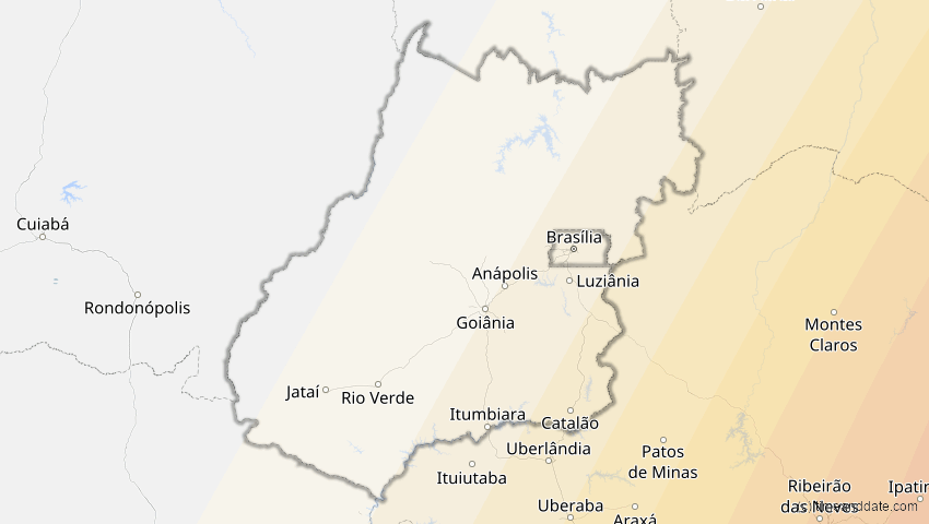 A map of Goiás, Brasilien, showing the path of the 5. Jan 2057 Totale Sonnenfinsternis
