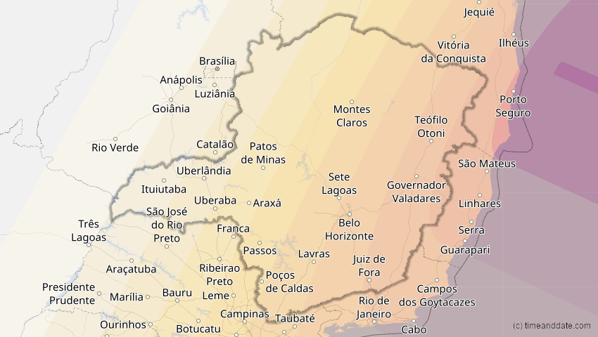 A map of Minas Gerais, Brasilien, showing the path of the 5. Jan 2057 Totale Sonnenfinsternis
