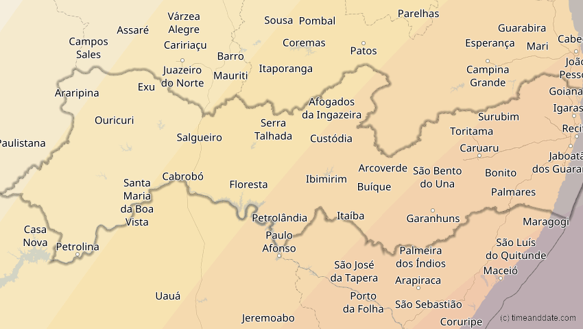 A map of Pernambuco, Brasilien, showing the path of the 5. Jan 2057 Totale Sonnenfinsternis