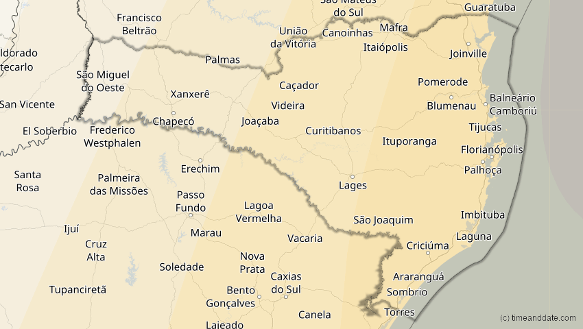 A map of Santa Catarina, Brasilien, showing the path of the 5. Jan 2057 Totale Sonnenfinsternis