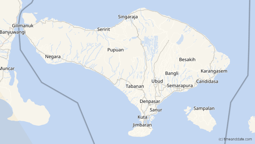 A map of Bali, Indonesien, showing the path of the 5. Jan 2057 Totale Sonnenfinsternis