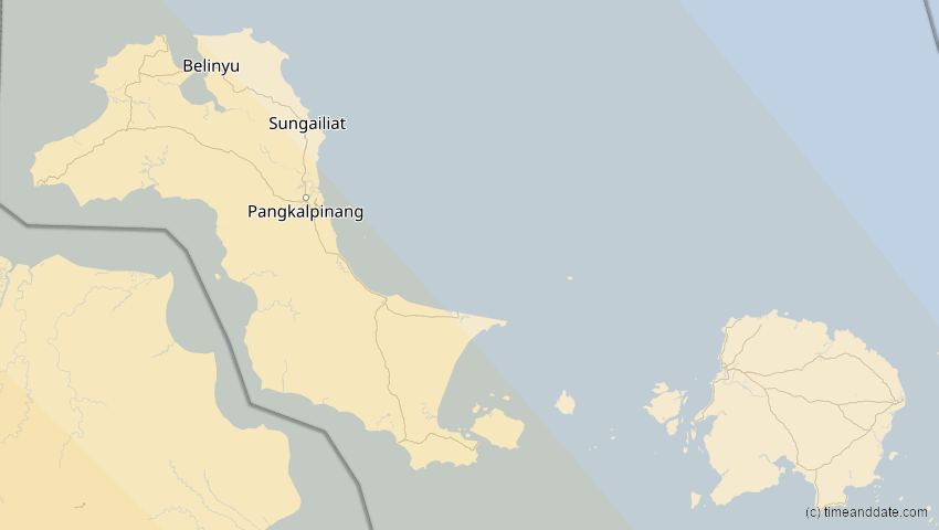 A map of Bangka-Belitung, Indonesien, showing the path of the 5. Jan 2057 Totale Sonnenfinsternis