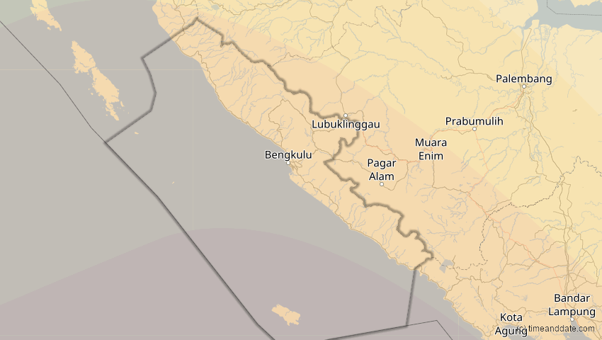 A map of Bengkulu, Indonesien, showing the path of the 5. Jan 2057 Totale Sonnenfinsternis