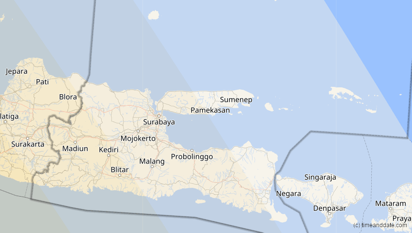 A map of Jawa Timur, Indonesien, showing the path of the 5. Jan 2057 Totale Sonnenfinsternis