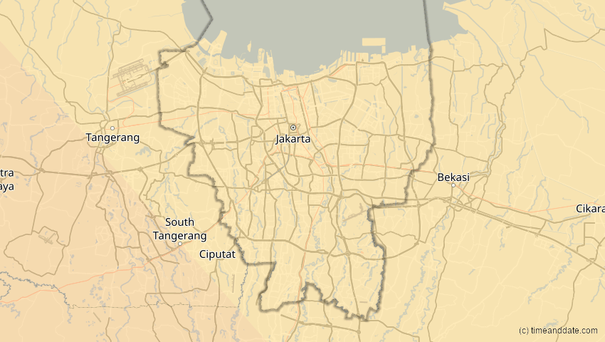 A map of Jakarta Hauptstadtdistrikt, Indonesien, showing the path of the 5. Jan 2057 Totale Sonnenfinsternis