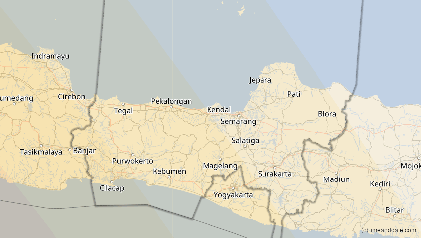 A map of Jawa Tengah, Indonesien, showing the path of the 5. Jan 2057 Totale Sonnenfinsternis